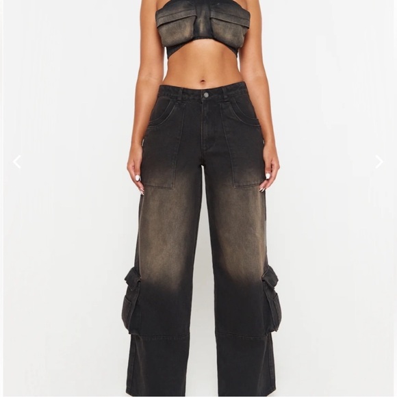 NWT Luxe To Kill Black/Brown Wash Oversized Cargo Jeans Size UK 4 US 0 - Picture 5 of 6